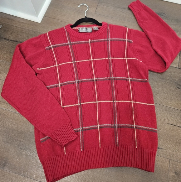 Oscar De La Renta Mens Red Windowpane Knitted Long Sleeve Sweater Sz M - Picture 6 of 13